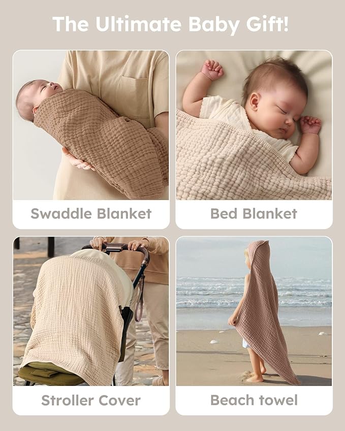 Hooded Baby Towels for Newborn 2 Pack 100% Muslin Organic Cotton Baby Bath Towel with Hood for Babies, Infant, Toddler and Kids, 32x32Inch, Soft and Absorbent Newborn Essential, Beige&Coffee