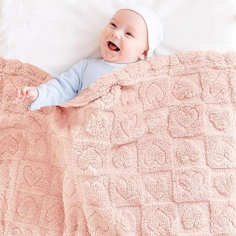 Fleece Baby Blanket Heart Checkered Blanket, Ultra Soft Cozy Baby Blankets for Girls Boys, Fluffy Infant Toddler Newborn Receiving Blankets for Crib Stroller 30”×40” (Light Pink)